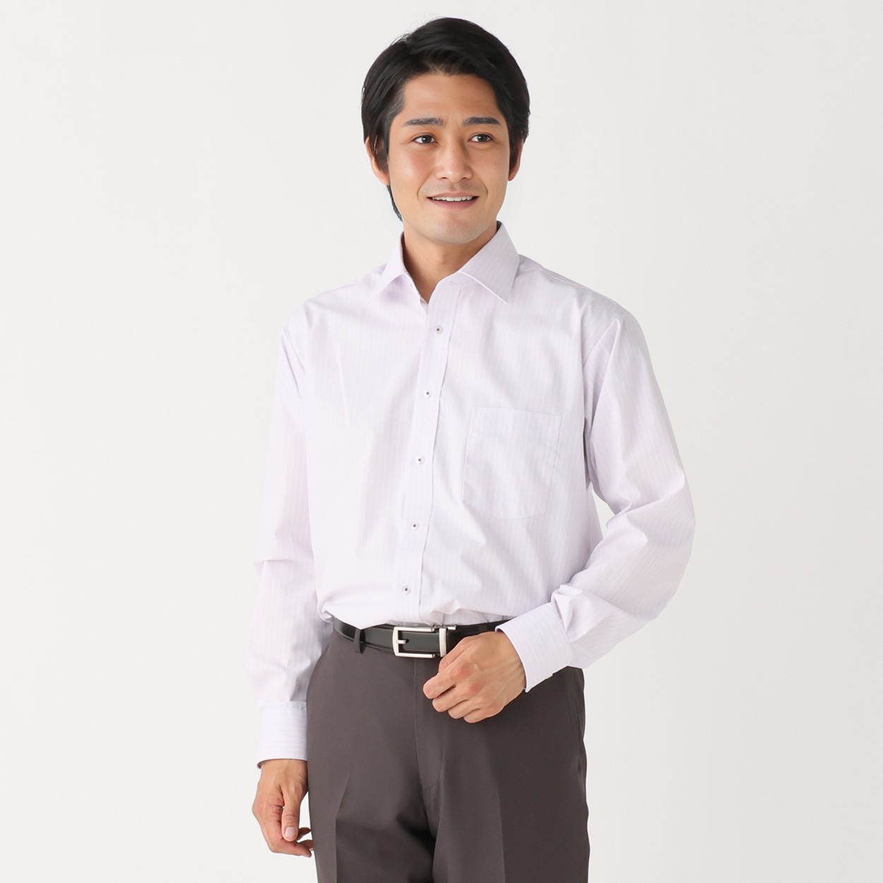 形態安定 接触冷感 長袖オフィスドレスシャツ メンズ(ウスムラサキ-41-80)
