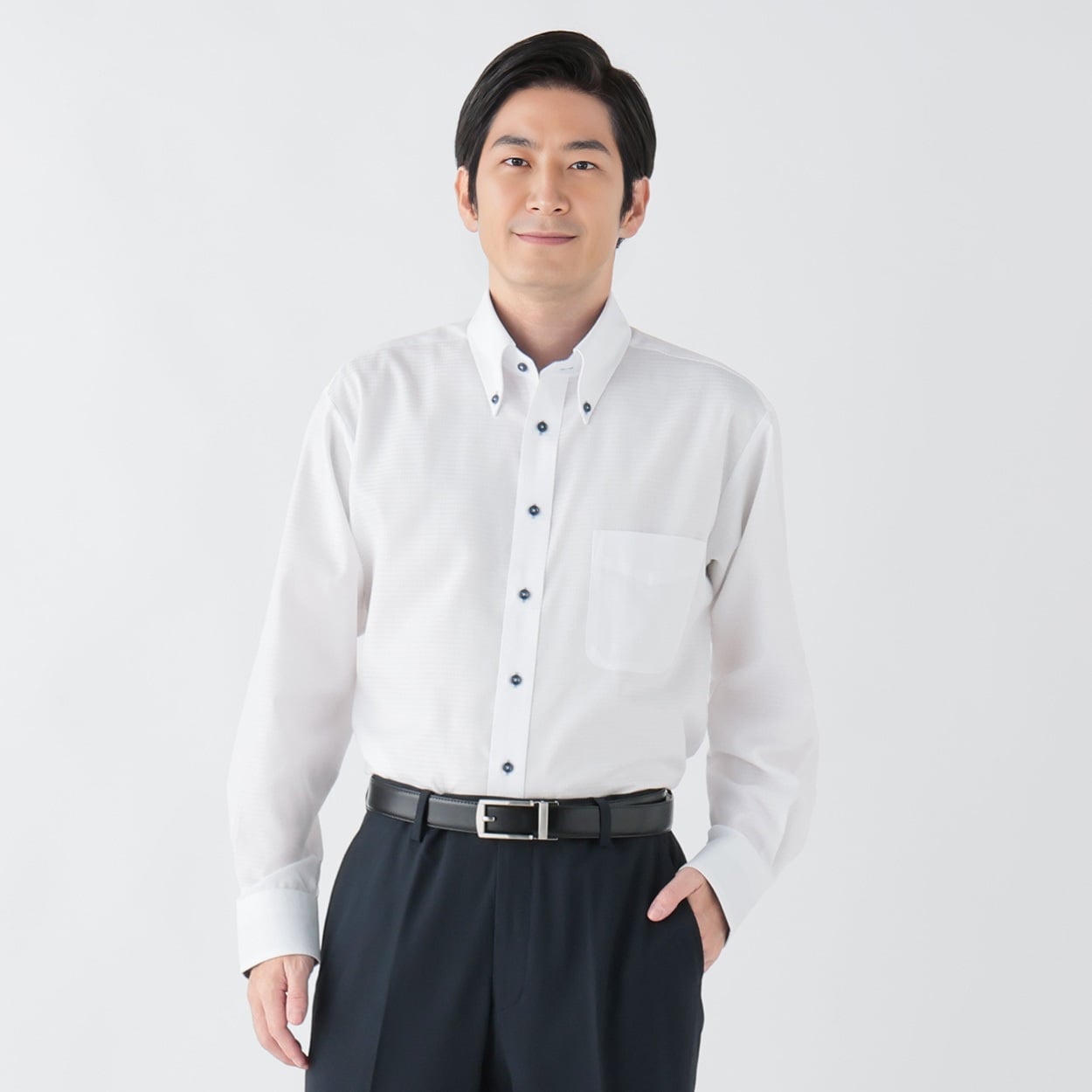 トップバリュ(TOPVALU) アクセントデザイン 長袖ドレスシャツ ボタンダウン衿 メンズ(Ａシロ-41-82)