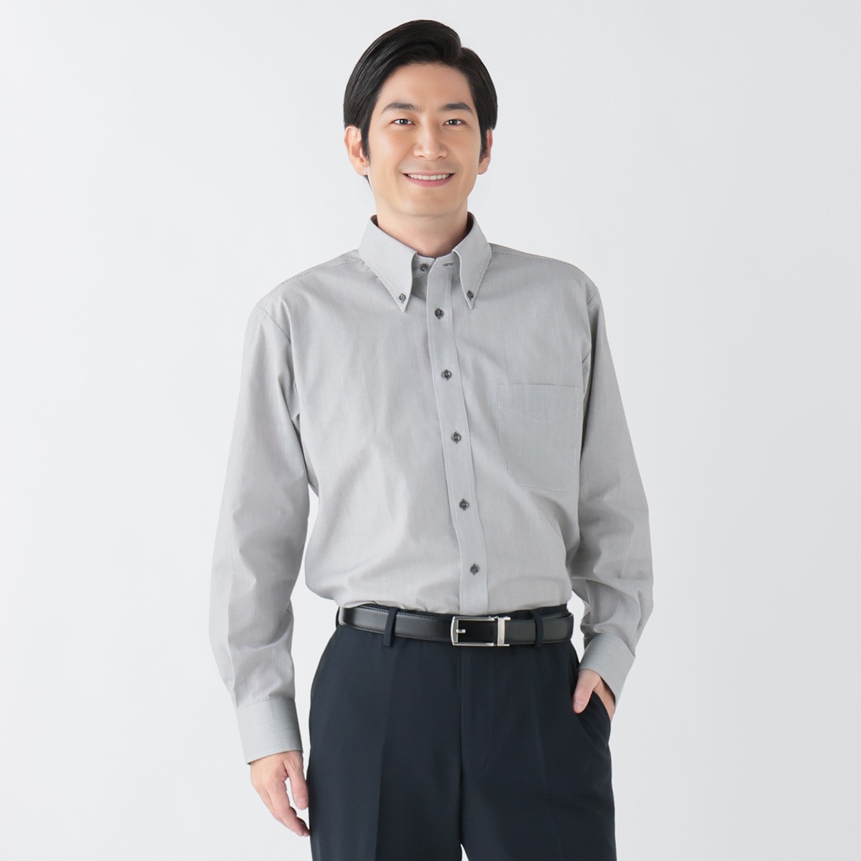 トップバリュ(TOPVALU) アクセントデザイン 長袖ドレスシャツ ボタンダウン衿 メンズ(チャコ－ルグレ－-43-82)
