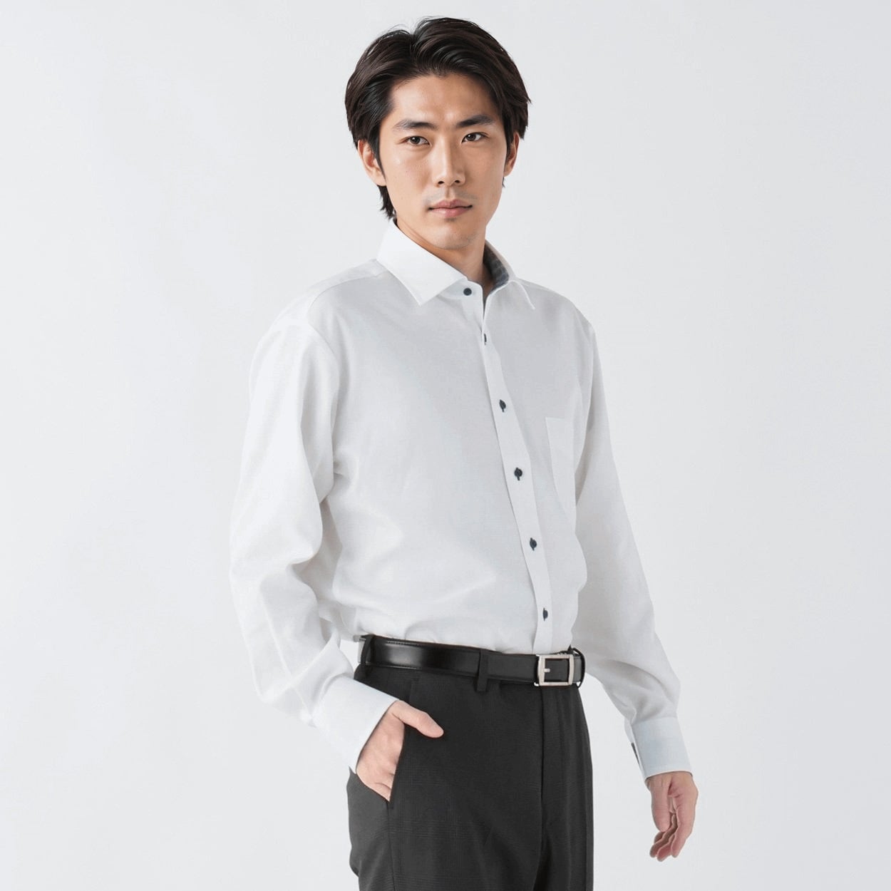 トップバリュ(TOPVALU) アクセントデザイン 長袖ドレスシャツ セミワイド衿 メンズ(シロ-41-80)