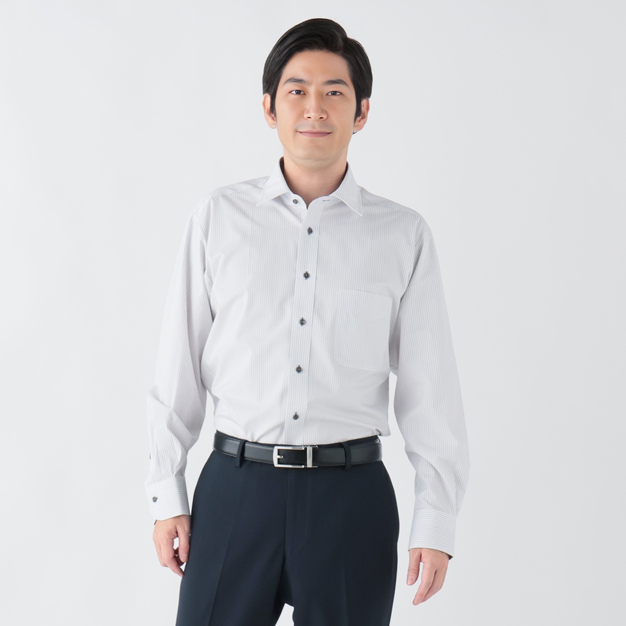 トップバリュ(TOPVALU) アクセントデザイン 長袖ドレスシャツ セミワイド衿 メンズ(チャコ－ルグレ－-43-86)