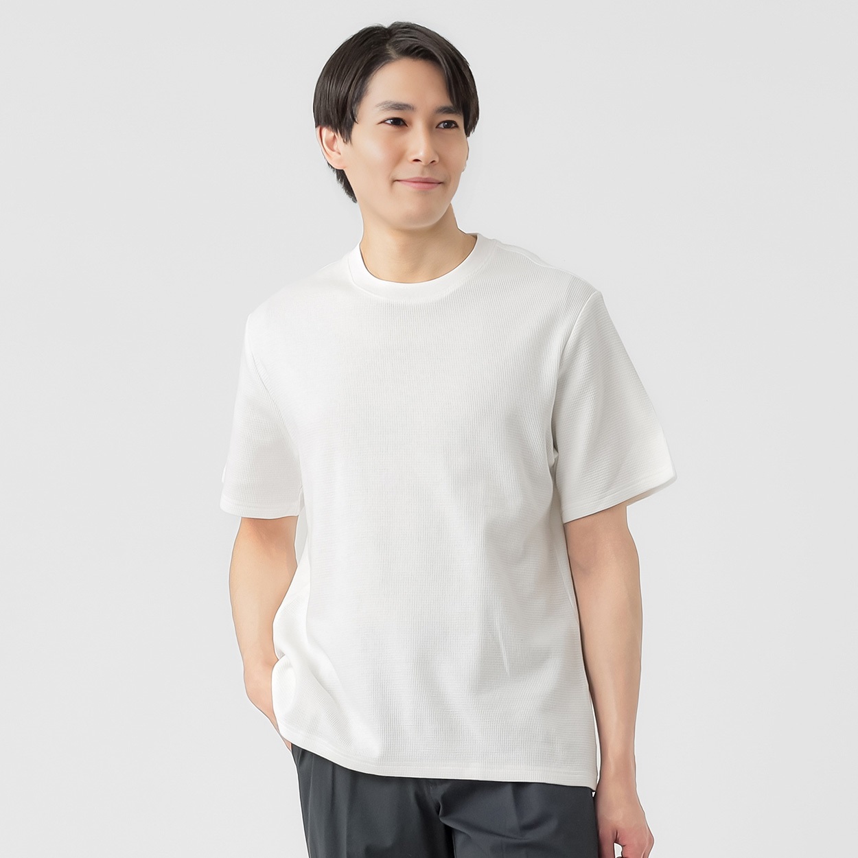 オーガニックコットンブレンド ワッフルクルー半袖Tシャツ メンズ(シロ-L)