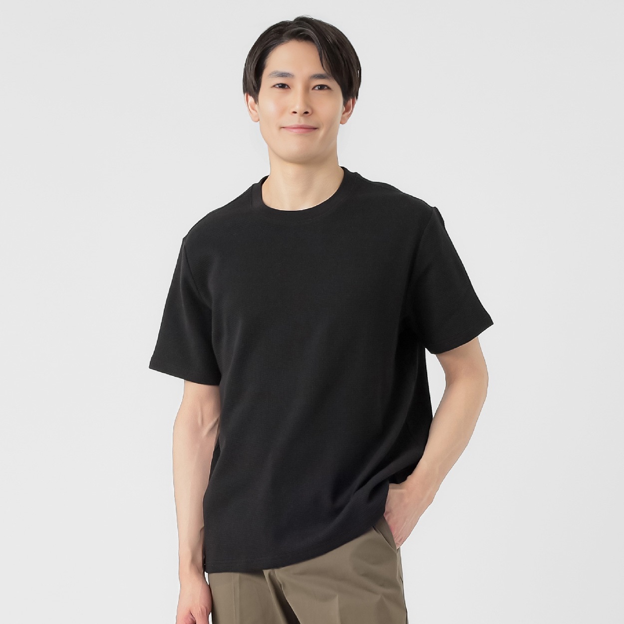 オーガニックコットンブレンド ワッフルクルー半袖Tシャツ メンズ(クロ-M)