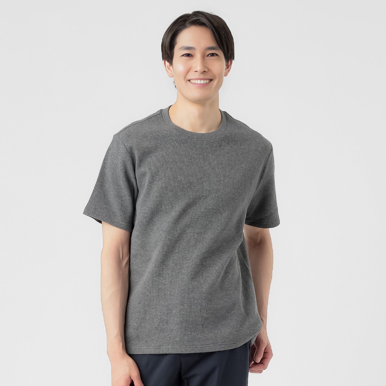 オーガニックコットンブレンド ワッフルクルー半袖Tシャツ メンズ(チャコ－ルグレ－-M)