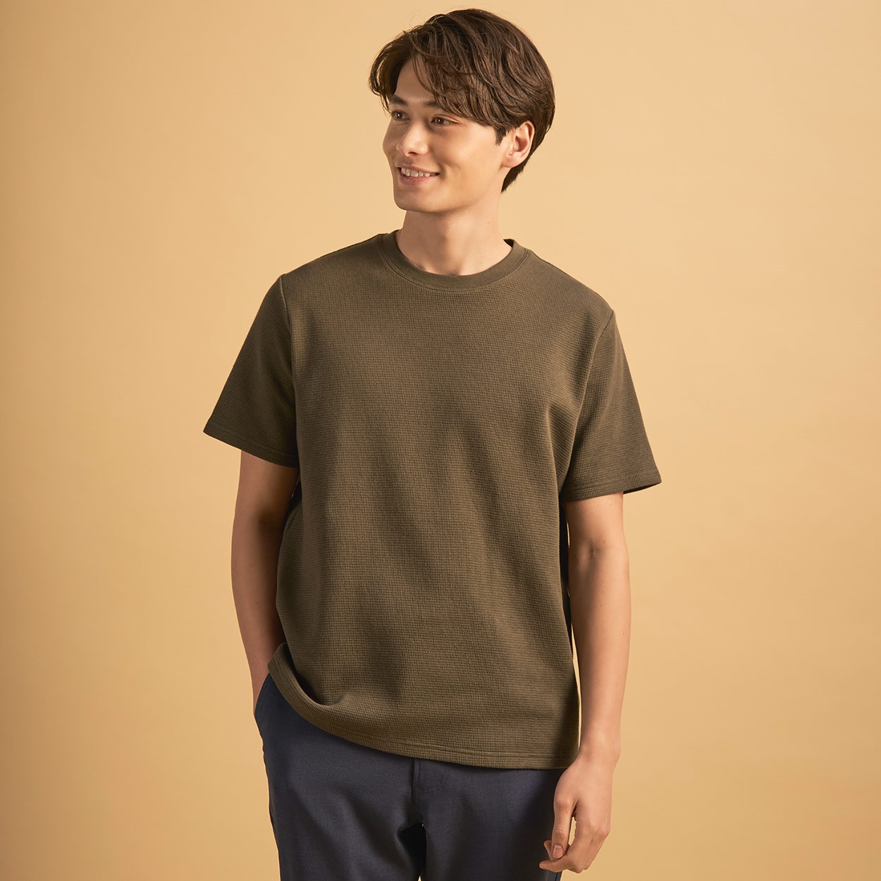 オーガニックコットンブレンド ワッフルクルー半袖Tシャツ メンズ(コイミドリ-M)