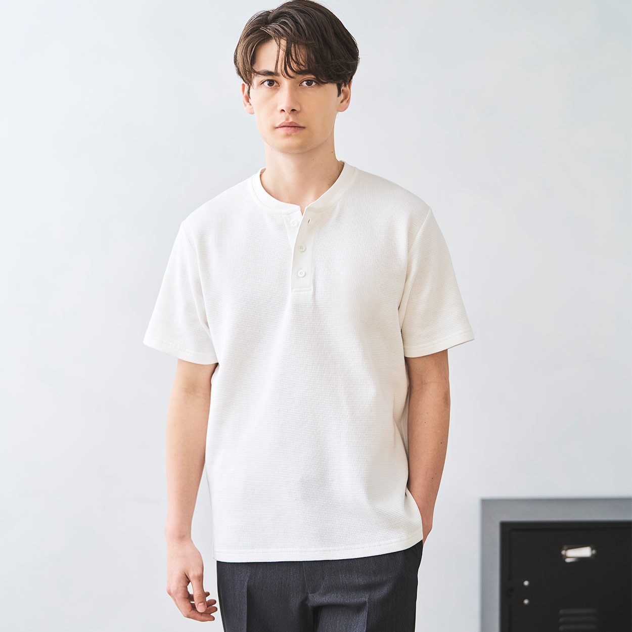 オーガニックコットンブレンド ワッフルクルー半袖Tシャツ メンズ(シロ-M)
