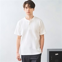 オーガニックコットンブレンド ワッフルクルー半袖Tシャツ メンズ(シロ-M)