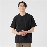 オーガニックコットンブレンド ワッフルクルー半袖Tシャツ メンズ(クロ-M)