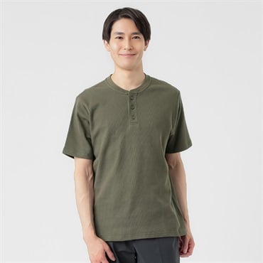 オーガニックコットンブレンド ワッフルクルー半袖Tシャツ メンズ(コイミドリ-M)