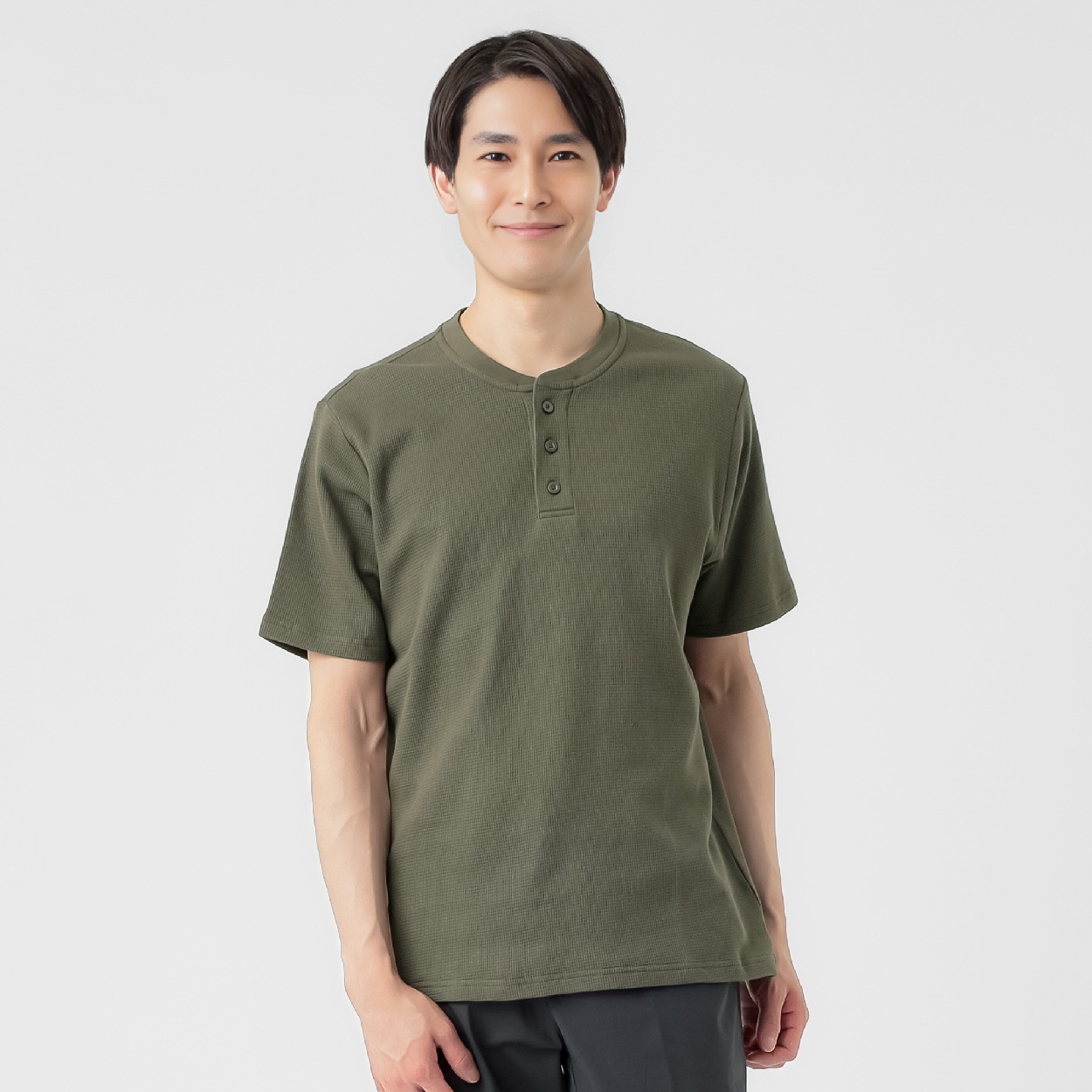 オーガニックコットンブレンド ワッフルクルー半袖Tシャツ メンズ(コイミドリ-L)