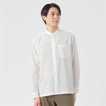 NEO FIT リネンライク長袖バンドカラーシャツ メンズ(シロ-M)