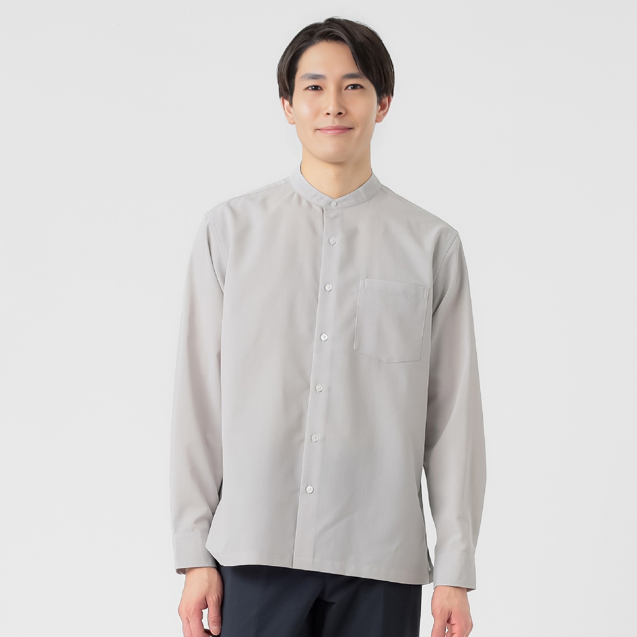 NEO FIT リネンライク長袖バンドカラーシャツ メンズ(Ａウスクロ-XL)