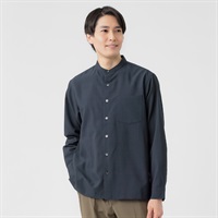 NEO FIT リネンライク長袖バンドカラーシャツ メンズ(コイアオ-M)