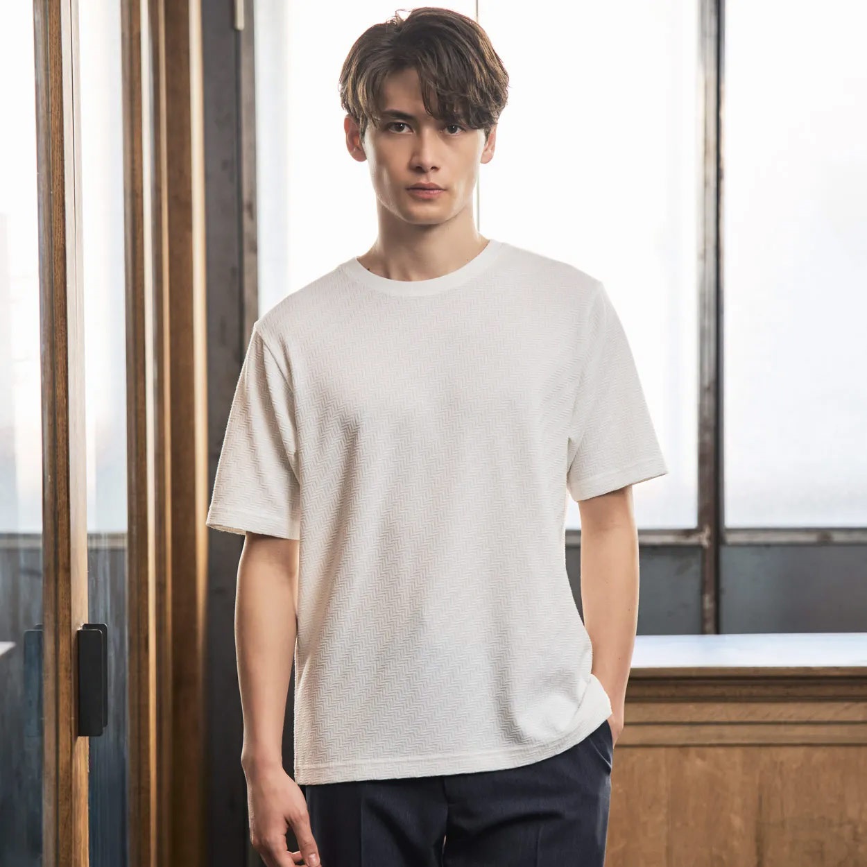 NEO FIT リンクスジャガードクルーネックTシャツ メンズ(シロ-M)