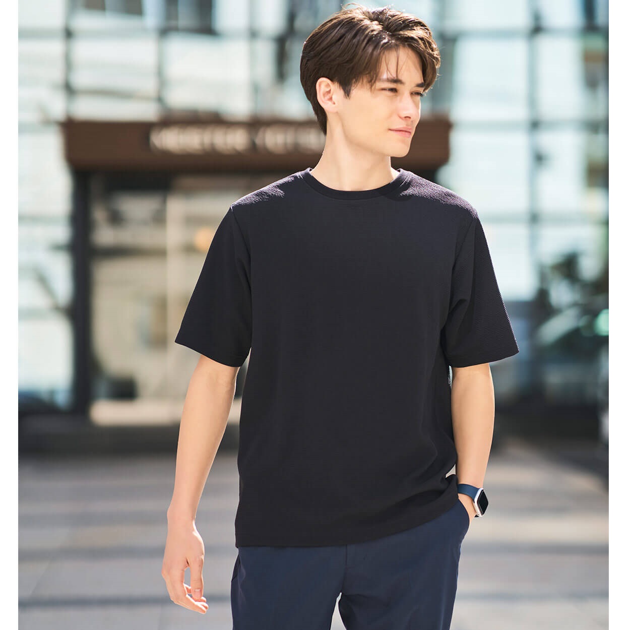 NEO FIT ボーダージャガードクルーネックTシャツ メンズ(クロ-M)