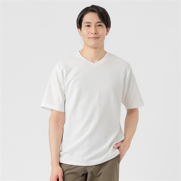 NEO FIT ボーダージャガードVネックTシャツ メンズ(シロ-M)