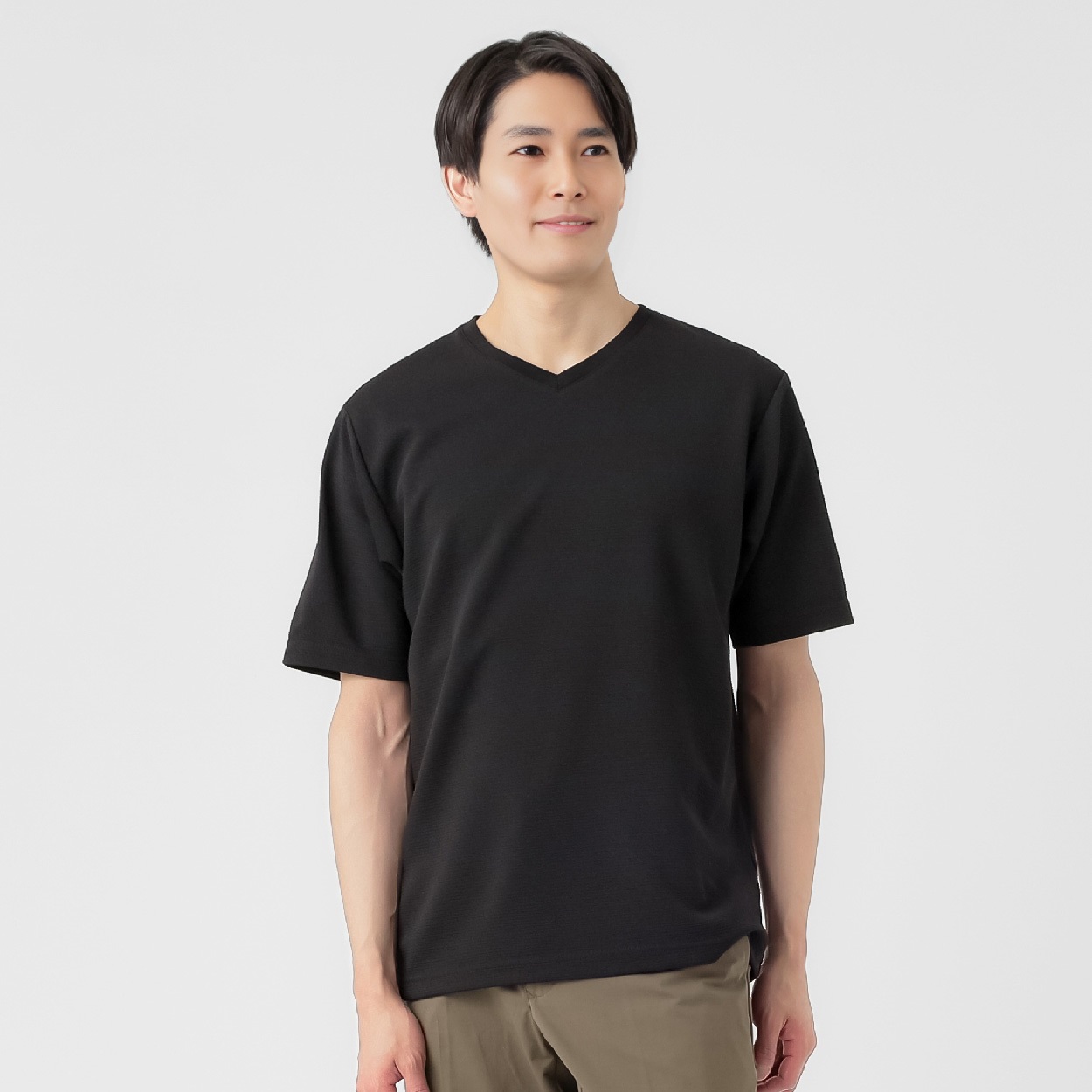 NEO FIT ボーダージャガードVネックTシャツ メンズ(クロ-L)