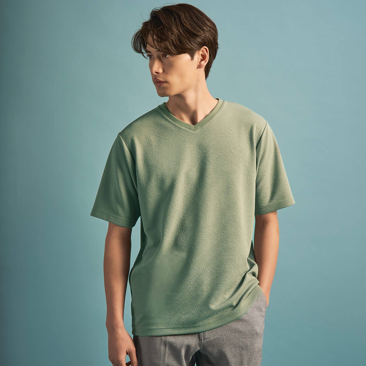 NEO FIT ボーダージャガードVネックTシャツ メンズ(ウスミドリ-M)