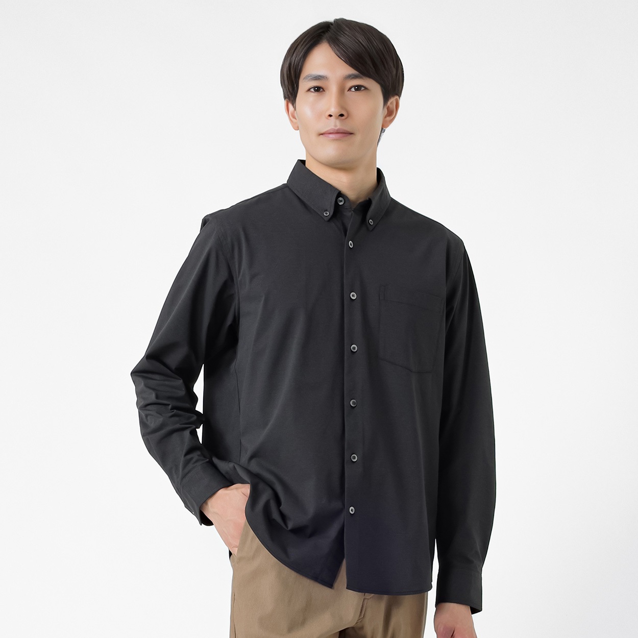NEO FIT カチオン天竺長袖ボタンダウンシャツ メンズ(クロ-XL)