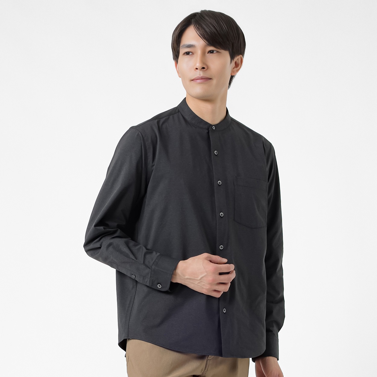 NEO FIT カチオン天竺長袖バンドカラーシャツ メンズ(クロ-M)