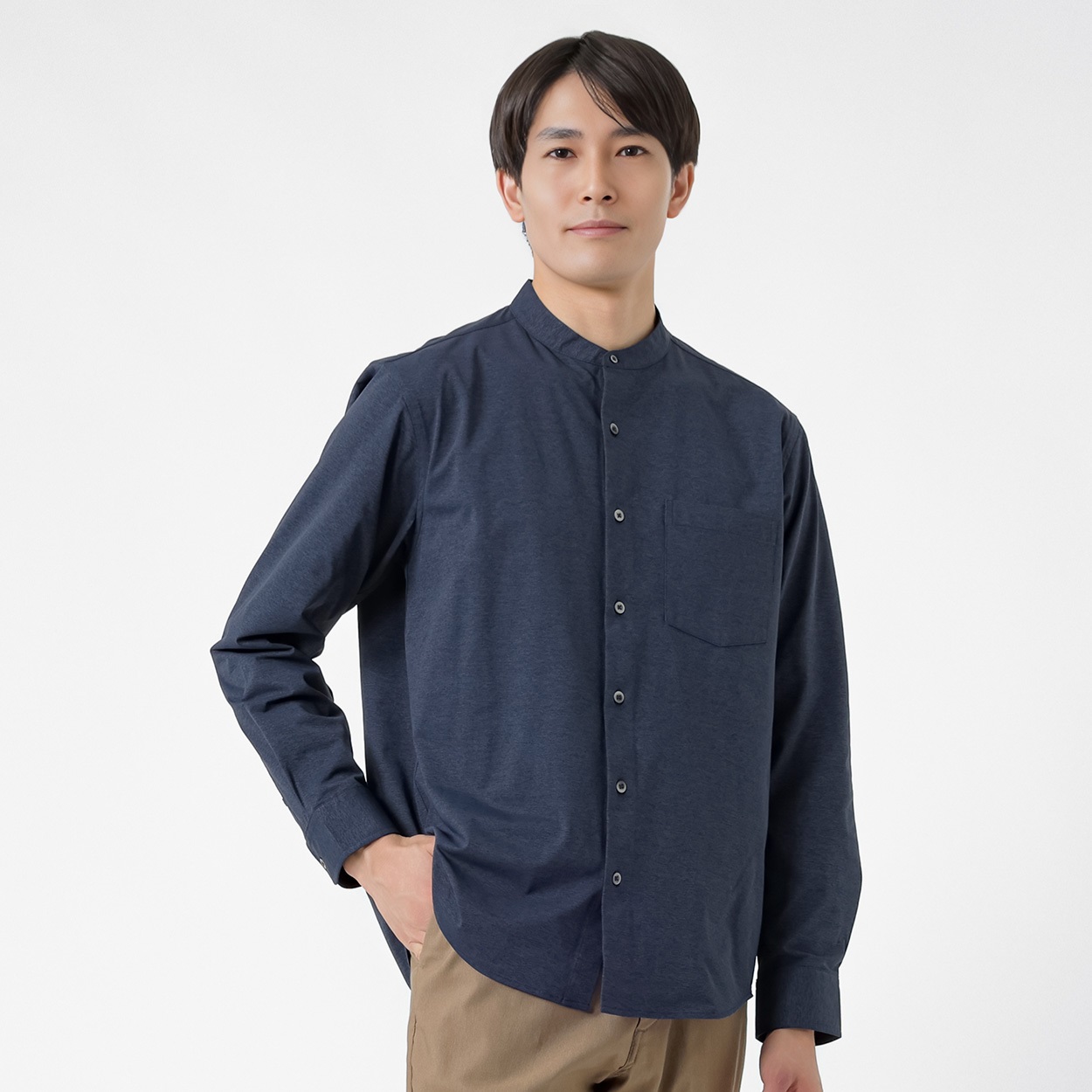 NEO FIT カチオン天竺長袖バンドカラーシャツ メンズ(コイアオ-XL)