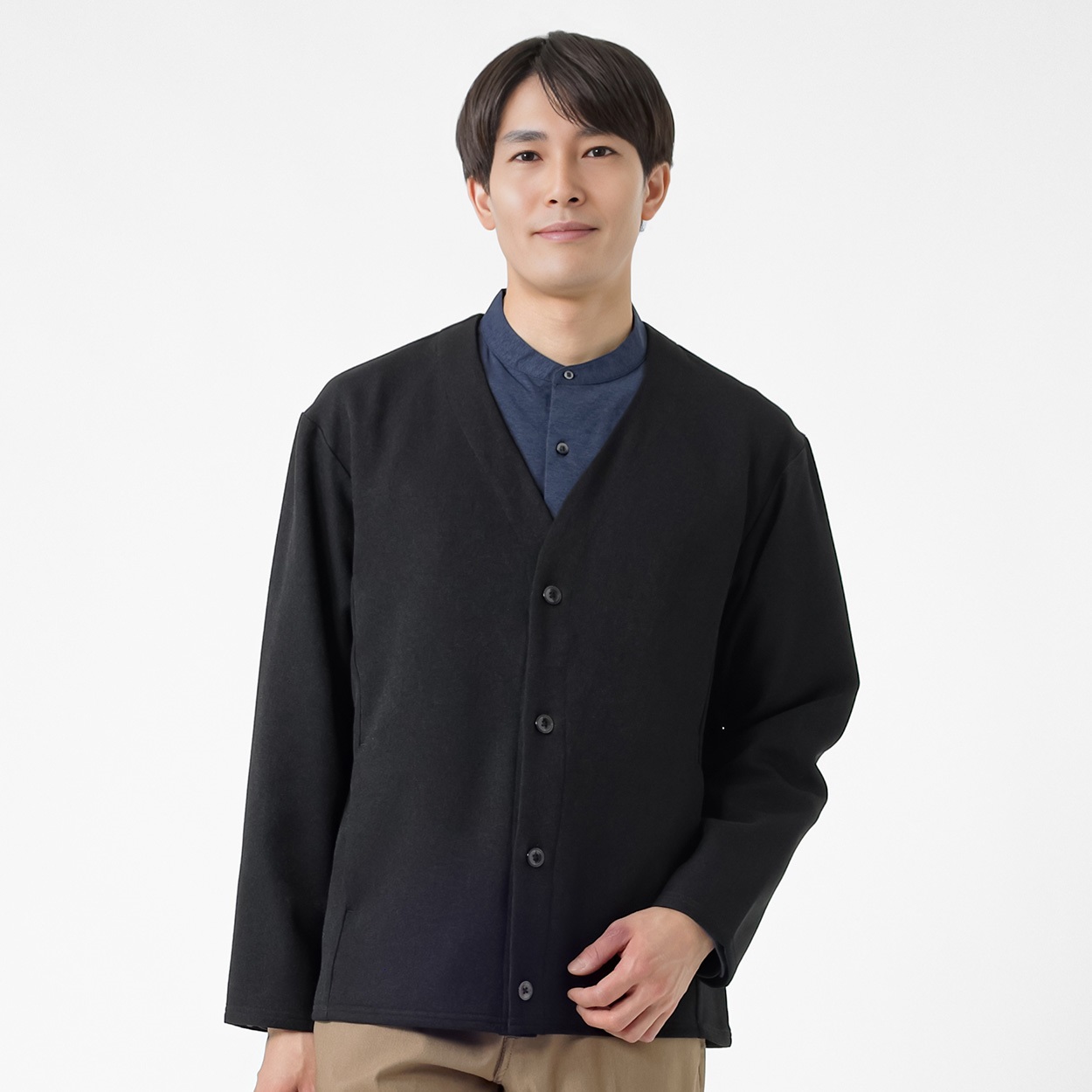 NEO FIT ウール調ノーカラーカカーディガン メンズ(クロ-L)