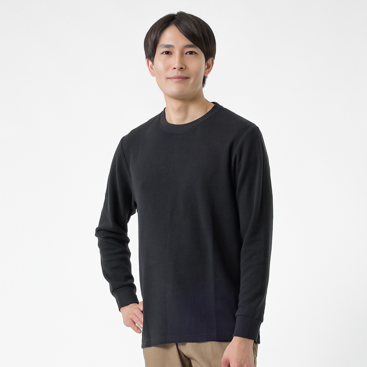 NEO FIT オーガニックコットンワッフルクルーネックロングTシャツ メンズ(クロ-XL)
