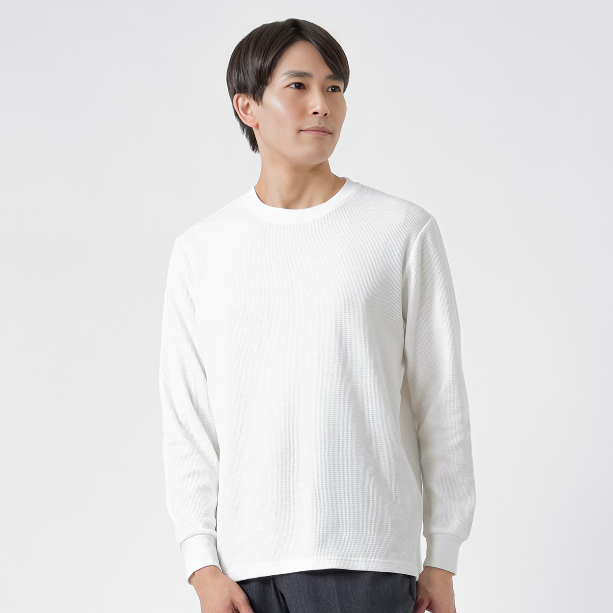 NEO FIT オーガニックコットンワッフルクルーネックロングTシャツ メンズ(シロ-M)