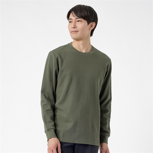 NEO FIT オーガニックコットンワッフルクルーネックロングTシャツ メンズ(コイミドリ-M)