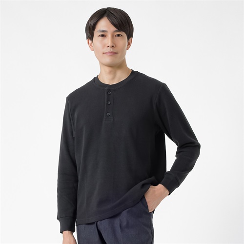 NEO FIT オーガニックコットンワッフルヘンリーネックロングTシャツ メンズ(クロ-M)
