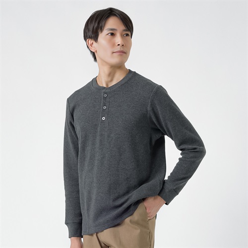 NEO FIT オーガニックコットンワッフルヘンリーネックロングTシャツ メンズ(チャコ－ルグレ－-M)