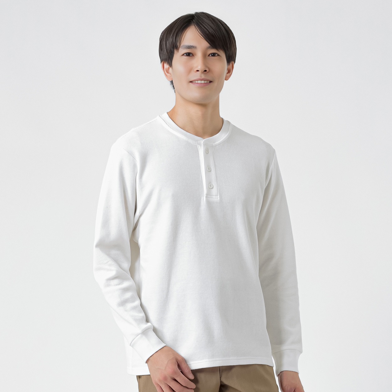 NEO FIT オーガニックコットンワッフルヘンリーネックロングTシャツ メンズ(シロ-L)