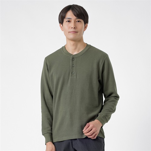 NEO FIT オーガニックコットンワッフルヘンリーネックロングTシャツ メンズ