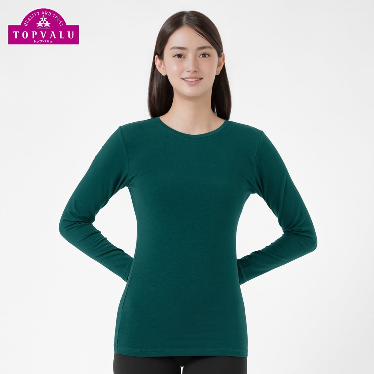 WARMコットンブレンドストレッチ 長袖Tシャツ レディス トップバリュ PEACE FIT(ピースフィット)(コイミドリ-L)