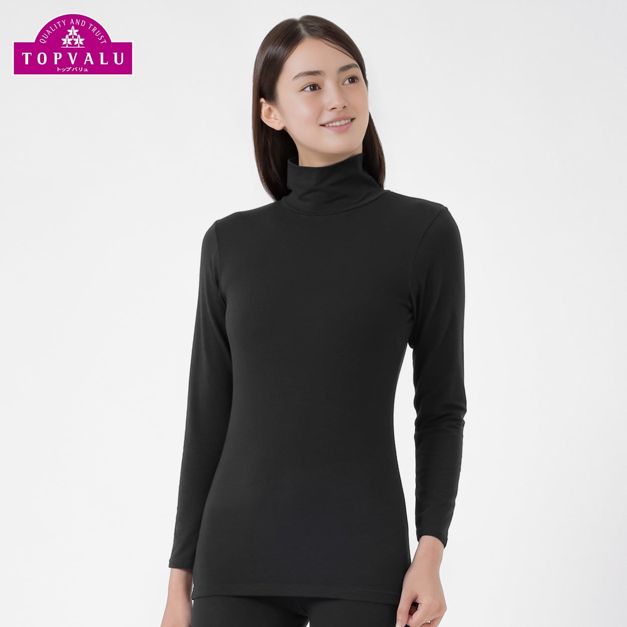 WARMコットンブレンドストレッチ 長袖タートル レディス トップバリュ PEACE FIT(ピースフィット)(クロ-M)