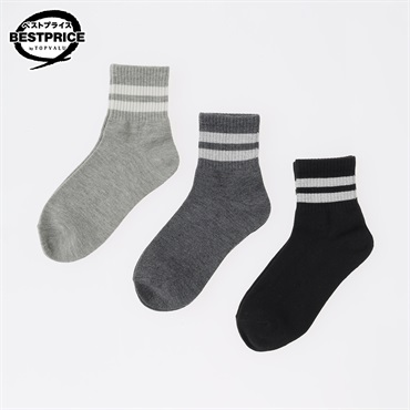 カジュアルソックス3足組 ライン入りショート丈ソックス レディス トップバリュ ベストプライス(TOPVALU BESTPRICE)(グレー×チャコールグレー×クロ-23ｰ25CM)