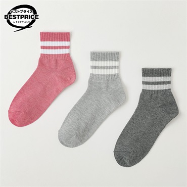 カジュアルソックス3足組 ライン入りショート丈ソックス レディス トップバリュ ベストプライス(TOPVALU BESTPRICE)(ソノタ３-23ｰ25CM)