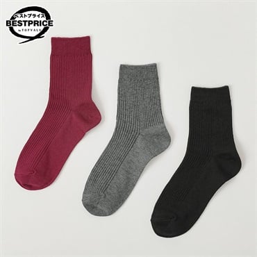 カジュアルソックス3足組 リブ無地クルー丈ソックス レディス トップバリュ ベストプライス(TOPVALU BESTPRICE)