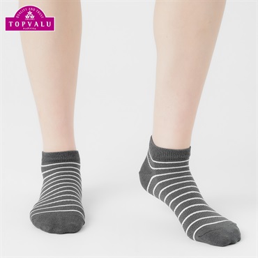 コットンメッシュボーダー柄スニーカー丈ソックス レディス トップバリュ PEACE FIT(ピースフィット)(チャコ－ルグレ－-21-23CM)
