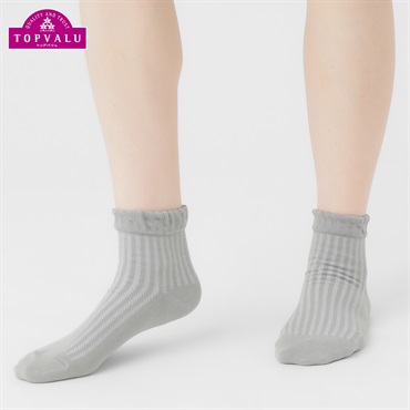 コットンメッシュストライプ柄ショート丈ソックス レディス トップバリュ PEACE FIT(ピースフィット)(グレー-21-23CM)