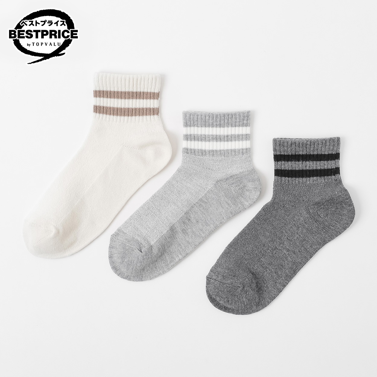ショート丈ソックス ライン柄３足組 レディス トップバリュ ベストプライス(TOPVALU BESTPRICE)(ソノタ１-23ｰ25CM)