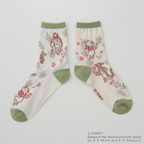ソックス プーさんデザイン 草花フロート柄 クルー丈 レディス(ウスミドリ-23-25CM)