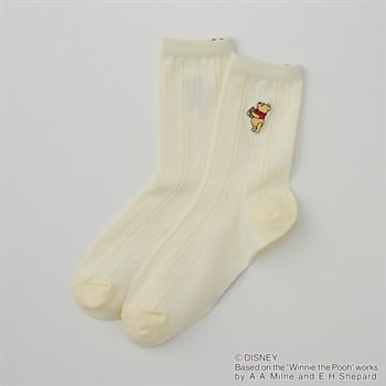 ソックス プーさんデザイン ストライプ刺繍 クルー丈 レディス(ウスベ－ジュ-23-25CM)