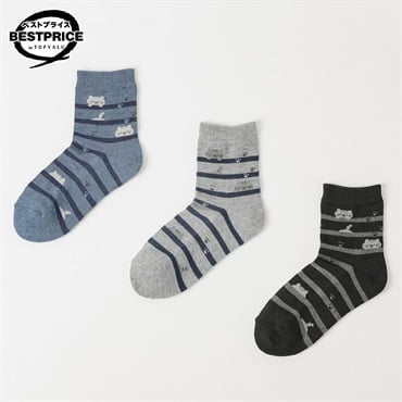 足底パイル編みであたたかいソックス3足組 ショート丈 レディス トップバリュ ベストプライス(TOPVALU BESTPRICE)(アオ・グレー・クロ-23ｰ25CM)
