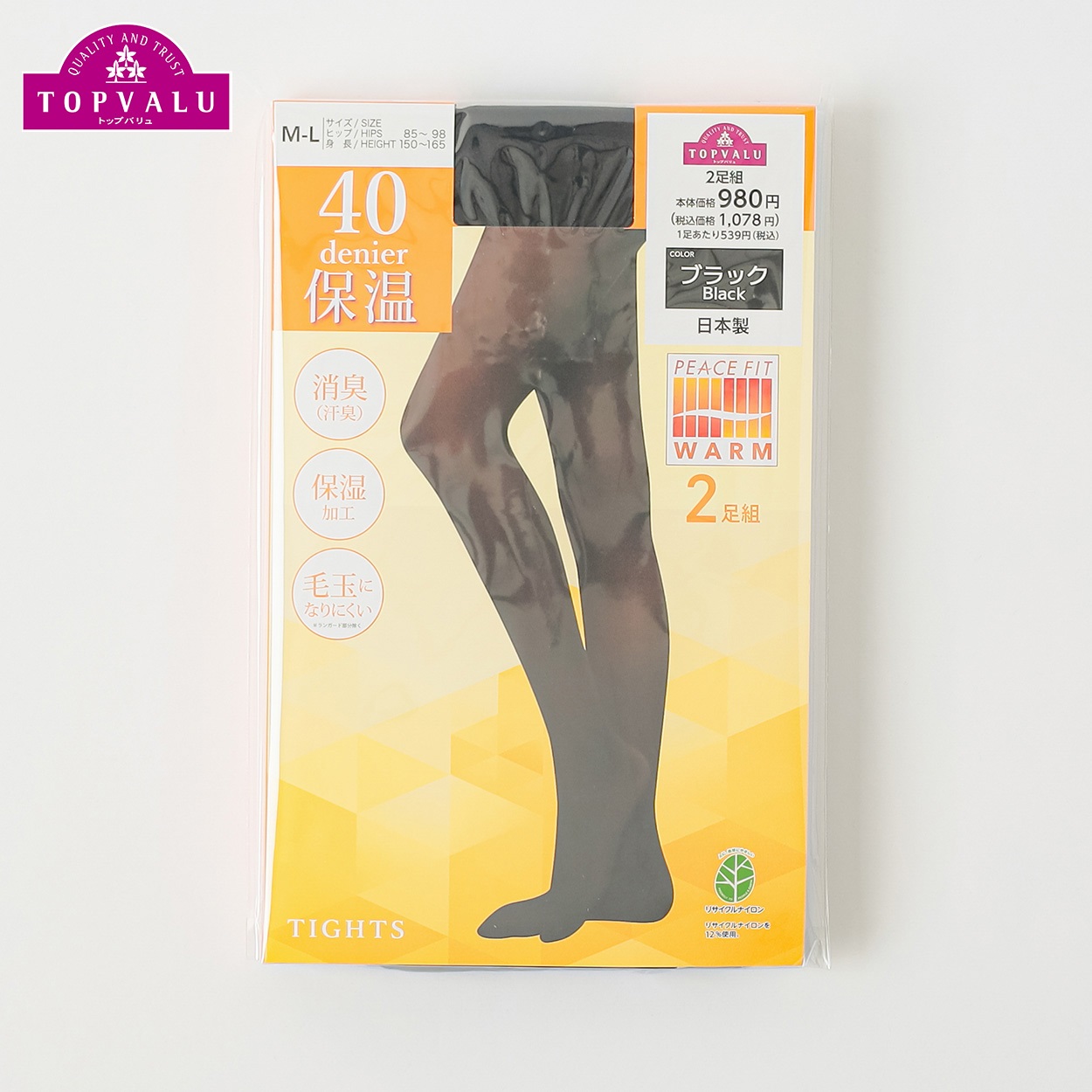 40デニールタイツ2足組 レディス トップバリュ PEACE FIT(ピースフィット)(クロ-SｰM)
