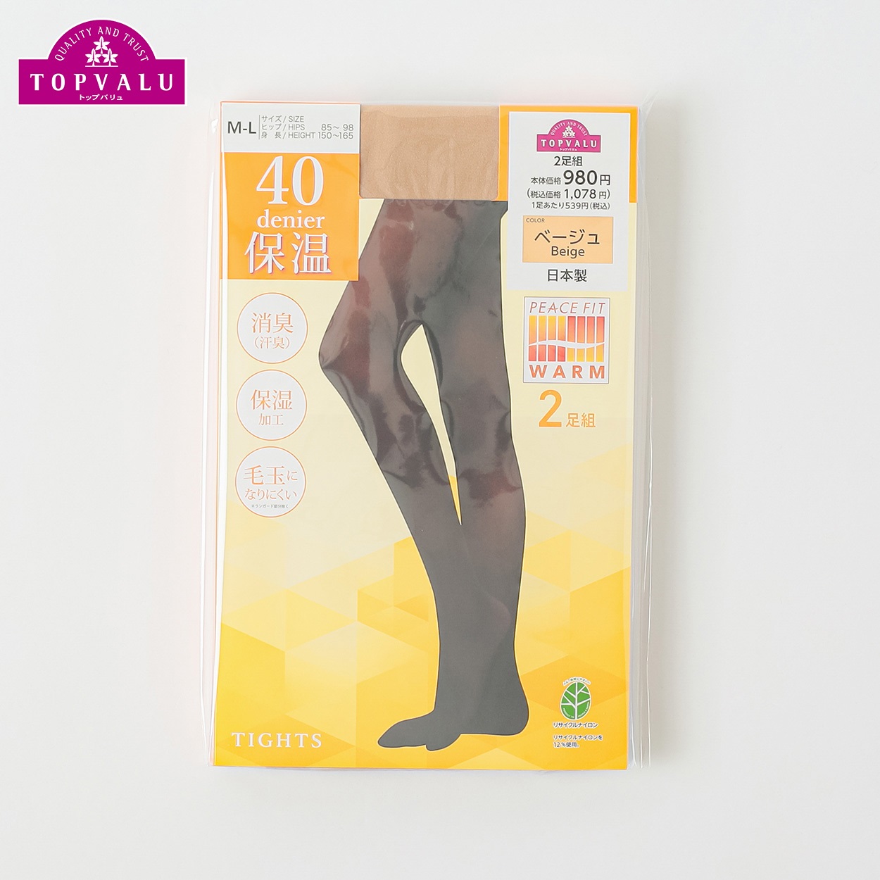 40デニールタイツ2足組 レディス トップバリュ PEACE FIT(ピースフィット)(ベ－ジュ-MｰL)