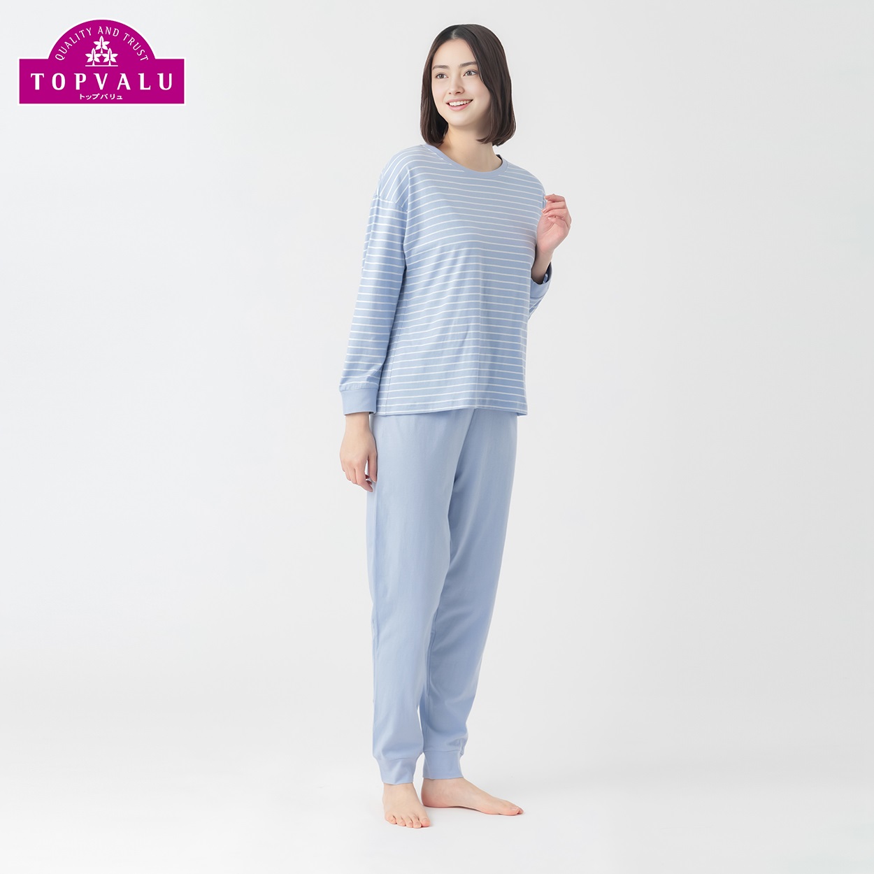 コットン100％ ルームセット ボーダー レディス (hk)(ウスアオ-XL)