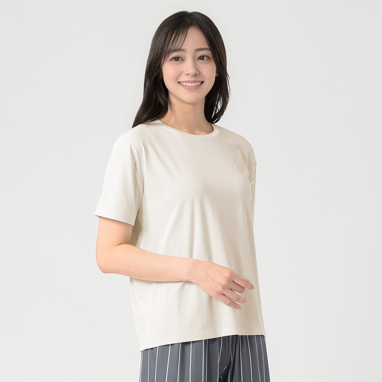ENABLE(エネーブル)リブ半袖Ｔシャツ ボックスシルエット レディス(アイボリー-L)