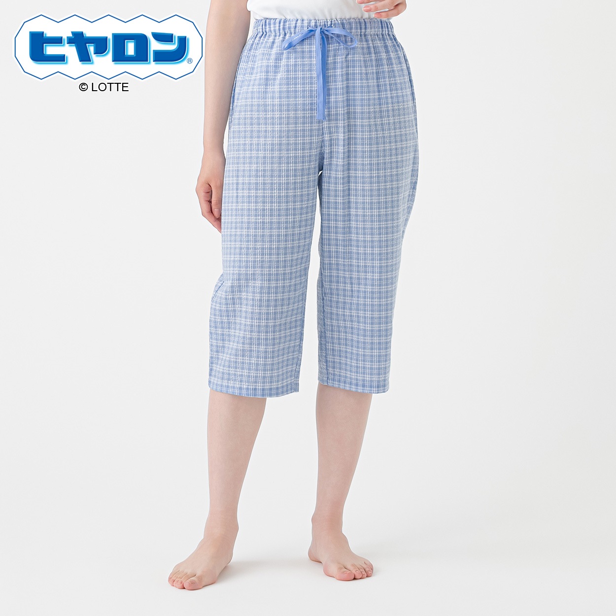 ルームパンツ 先染サッカー 格子 7分丈 レディス(ウスアオ-L)