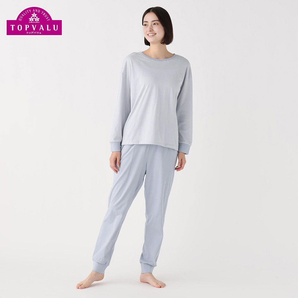 上下セット綿100％天竺長袖 ロングパンツ レディス(ウスアオ-2XL)